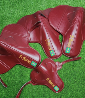 Maroon custom name racing saddle with glossy leather finish